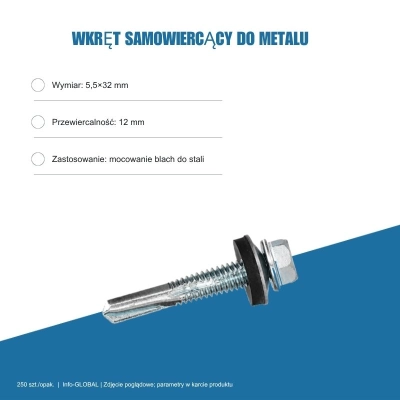 Wkręt samowiercący do metalu 5,5x32 mm, przewiercalność 12 mm, EPDM, 250 szt. – ocynk bez lakieru